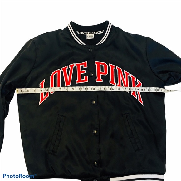 PINK Black Satin Bomber Jacket Coat Love Pink Logo - Picture 13 of 14